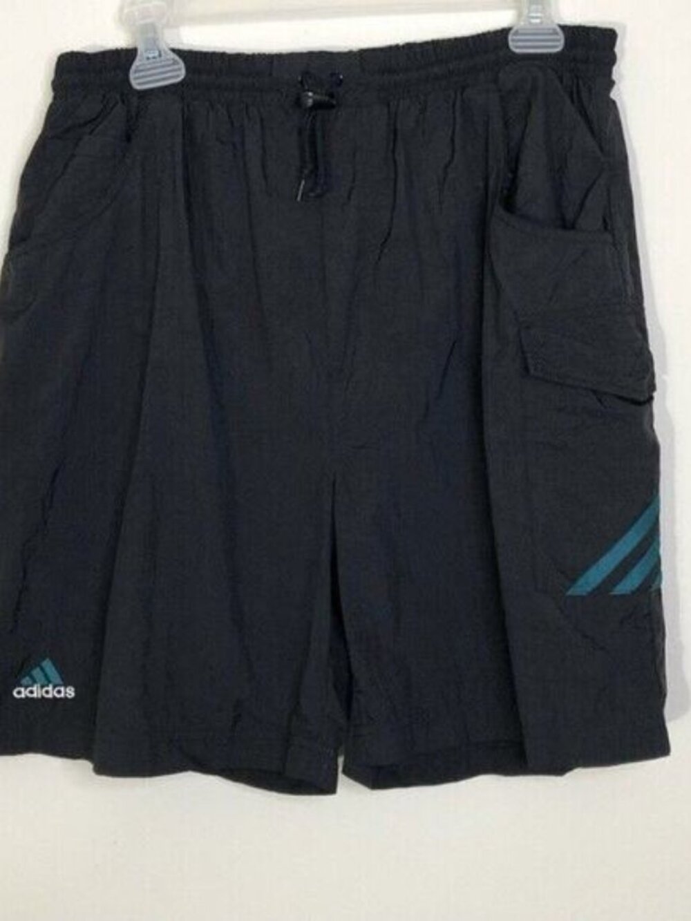Adidas Size Medium Swim Trunks Black & Teal Blue White Logo Swimming Shorts